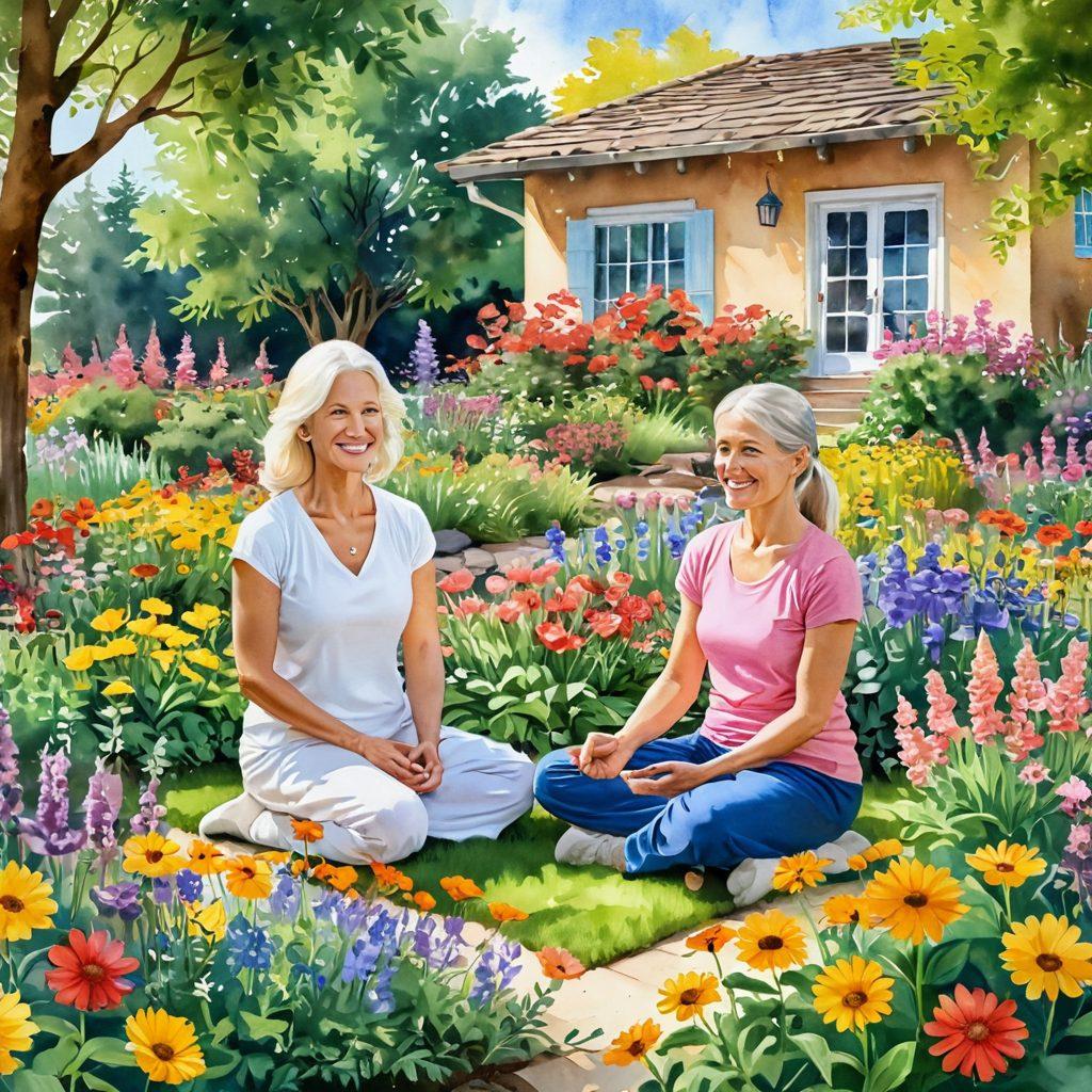 A serene landscape depicting joyful caregivers and health seekers in a harmonious garden, surrounded by colorful flowers and gentle sunlight, sharing smiles and support. Include symbols of holistic wellness such as herbal remedies and yoga mats. A warm, inviting atmosphere to evoke a sense of community and empowerment. vibrant colors. peaceful watercolor style.