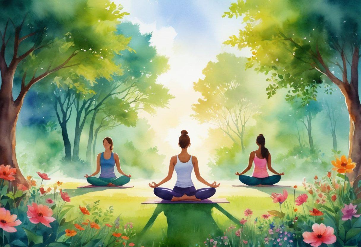 A serene landscape depicting a diverse group of people engaging in wellness activities together, such as yoga, meditation, and nature walks, surrounded by lush greenery and vibrant flowers. Include symbolic representations of companionship, like intertwined hands and kind gestures, to emphasize community spirit. Soft, warm lighting to evoke feelings of comfort and wellness. watercolor style. vibrant colors. peaceful background.