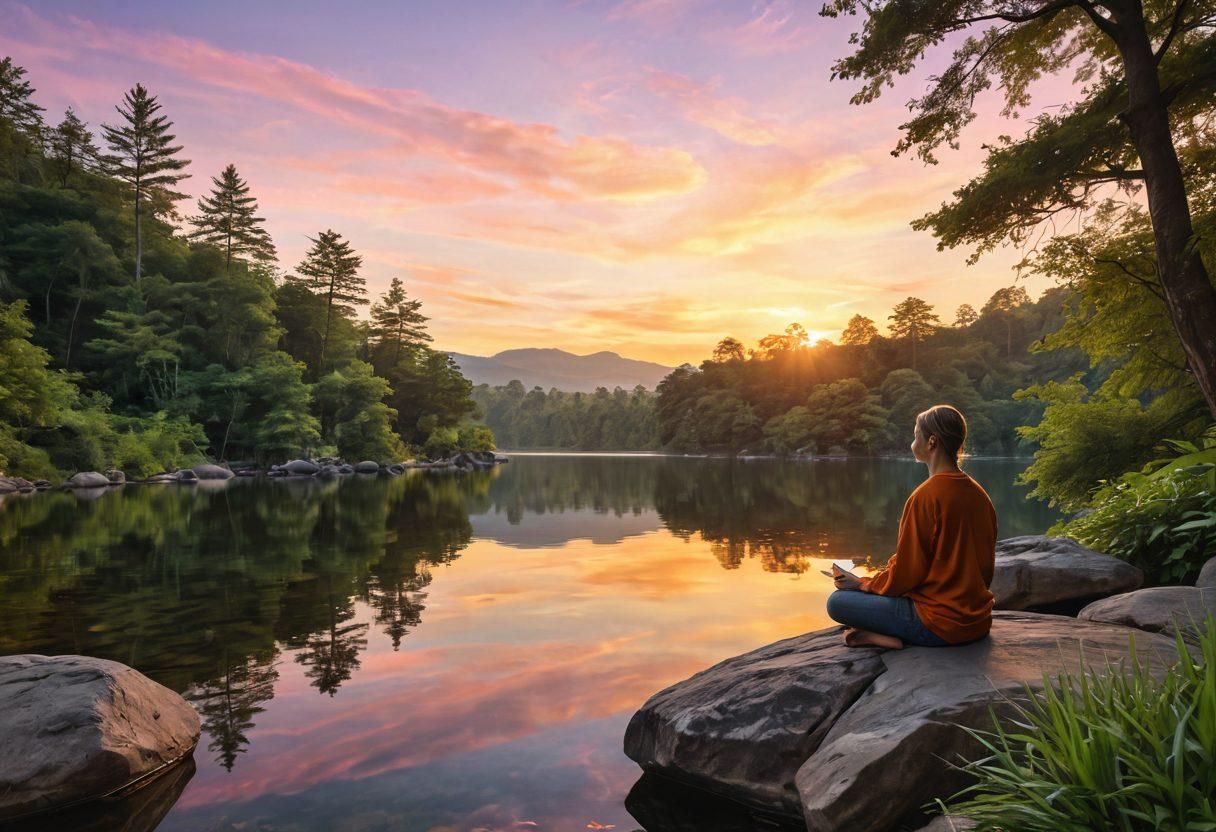 A serene landscape featuring a person meditating peacefully on a rock by a tranquil lake, surrounded by lush greenery and a colorful sunset. Include subtle elements of self-care items like a journal and a cup of tea nearby. Capture the feeling of balance and harmony in soft, warm tones. super-realistic. vibrant colors. peaceful atmosphere.